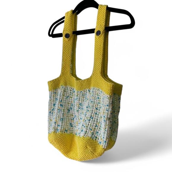Vintage Crochet tote bucket bag yellow white Handmade cottagecore garden fairy - Picture 2 of 5